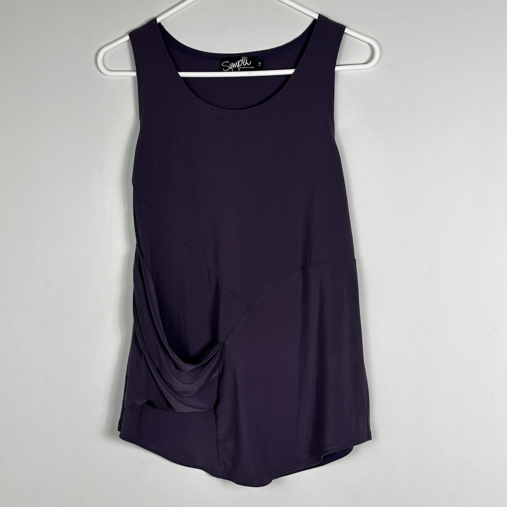Sympli Canada Purple Pocket Tunic Top Womens Sz 10 Stretch Jersey Blouse Minimal